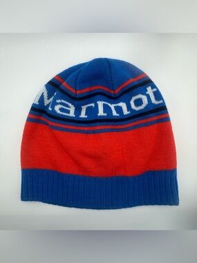 Marmot Knit Beanie Hat Blue Red Stripe One Size Winter Acrylic